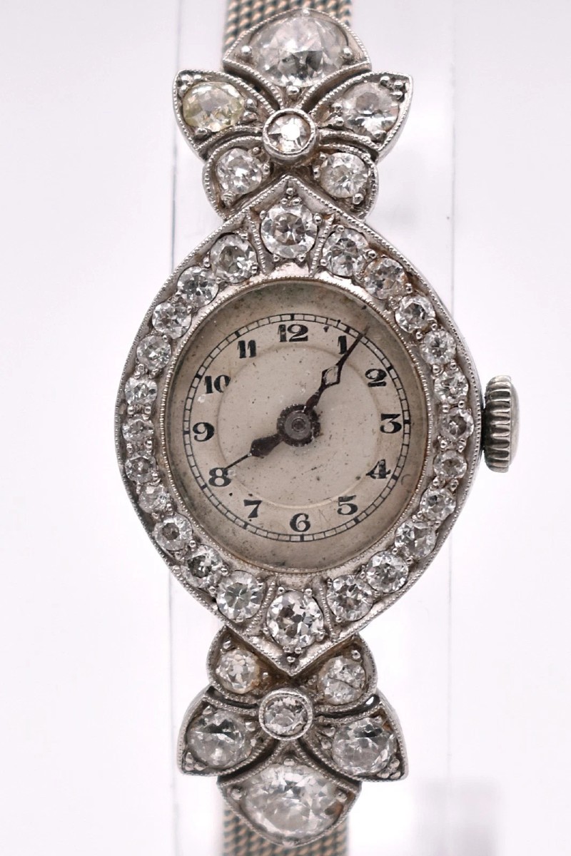 Art Deco Platinum 2.00 Ct Diamond Cocktail Watch 18k White Gold Mesh Bracelet