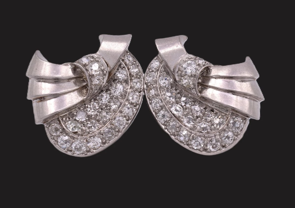 Antique Art Deco 18k White Gold 2.30ct Old Cut Diamond Swirl Clip-on Earrings-photo-2