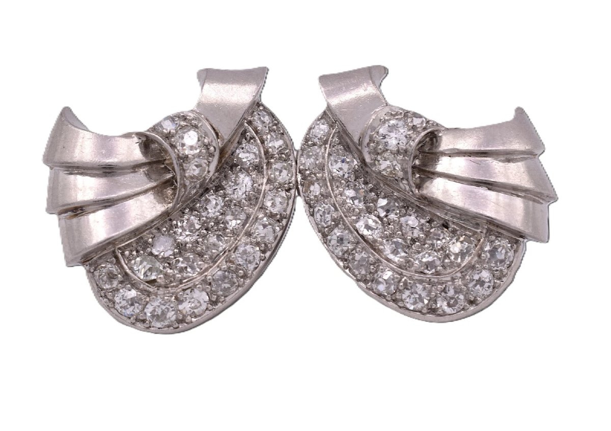 Antique Art Deco 18k White Gold 2.30ct Old Cut Diamond Swirl Clip-on Earrings-photo-3