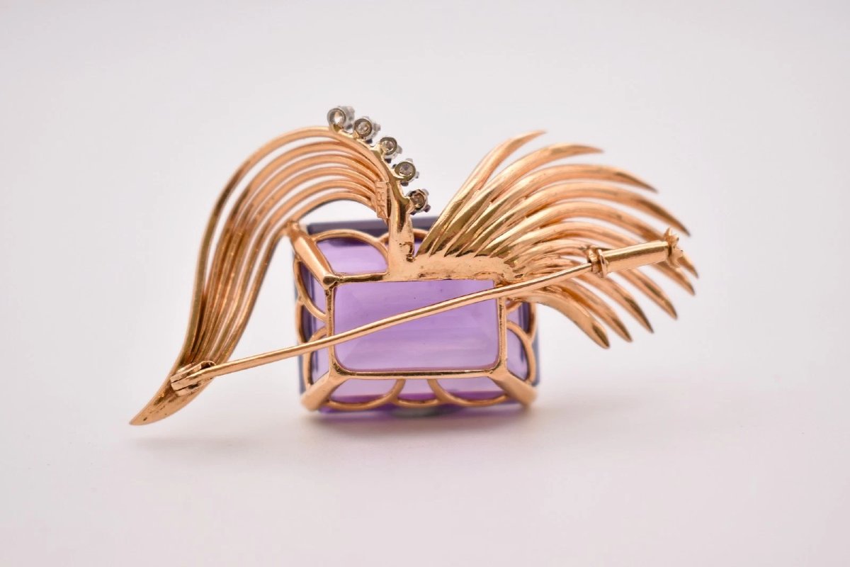 Broche vintage en or 18 carats, améthyste et diamants taille émeraude (pierre de 29 carats), mi-photo-2