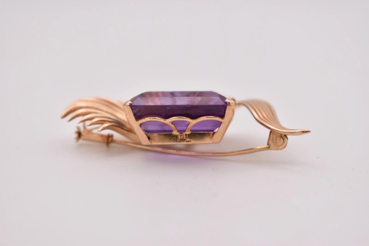 Broche vintage en or 18 carats, améthyste et diamants taille émeraude (pierre de 29 carats), mi-photo-3