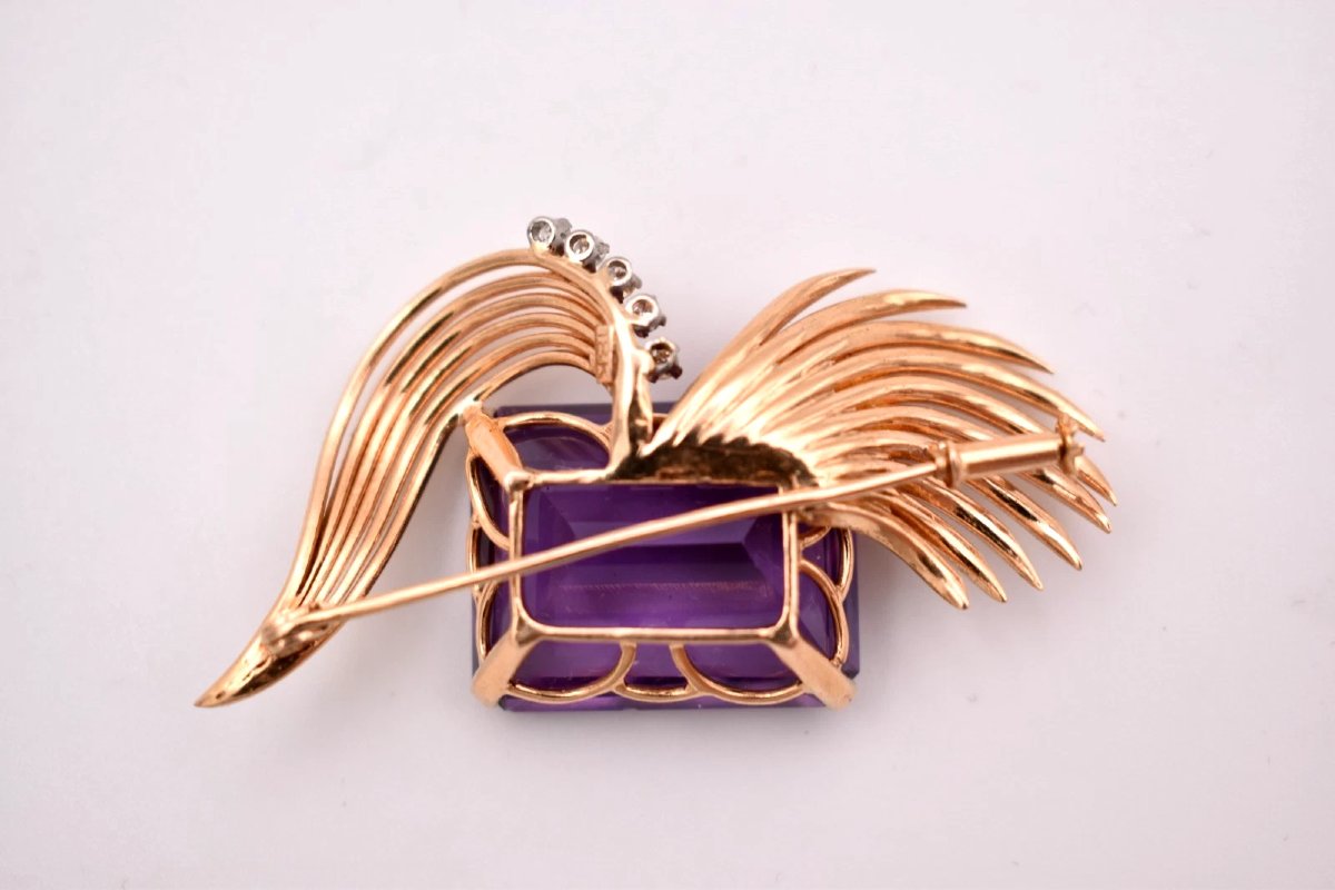 Broche vintage en or 18 carats, améthyste et diamants taille émeraude (pierre de 29 carats), mi-photo-4