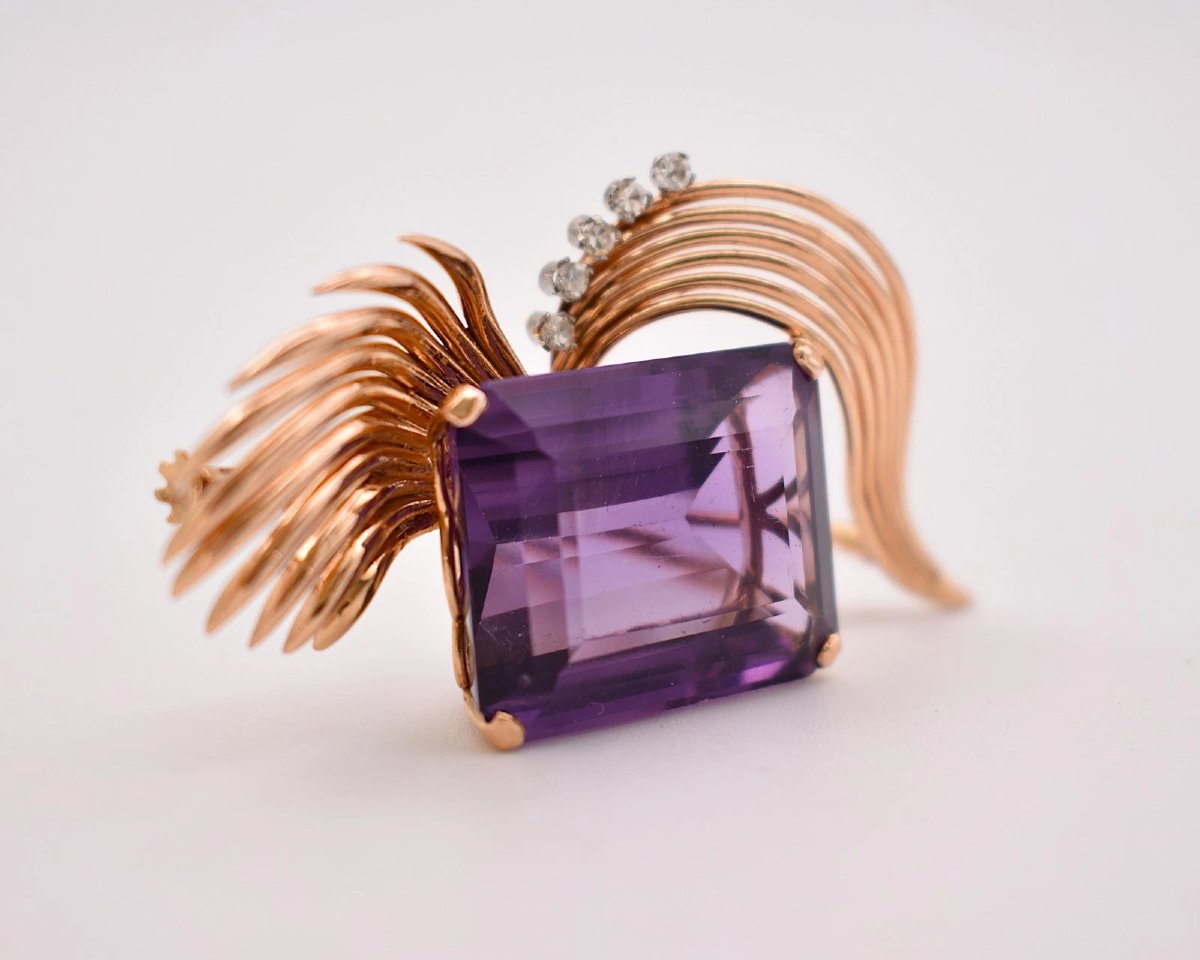 Broche vintage en or 18 carats, améthyste et diamants taille émeraude (pierre de 29 carats), mi-photo-1