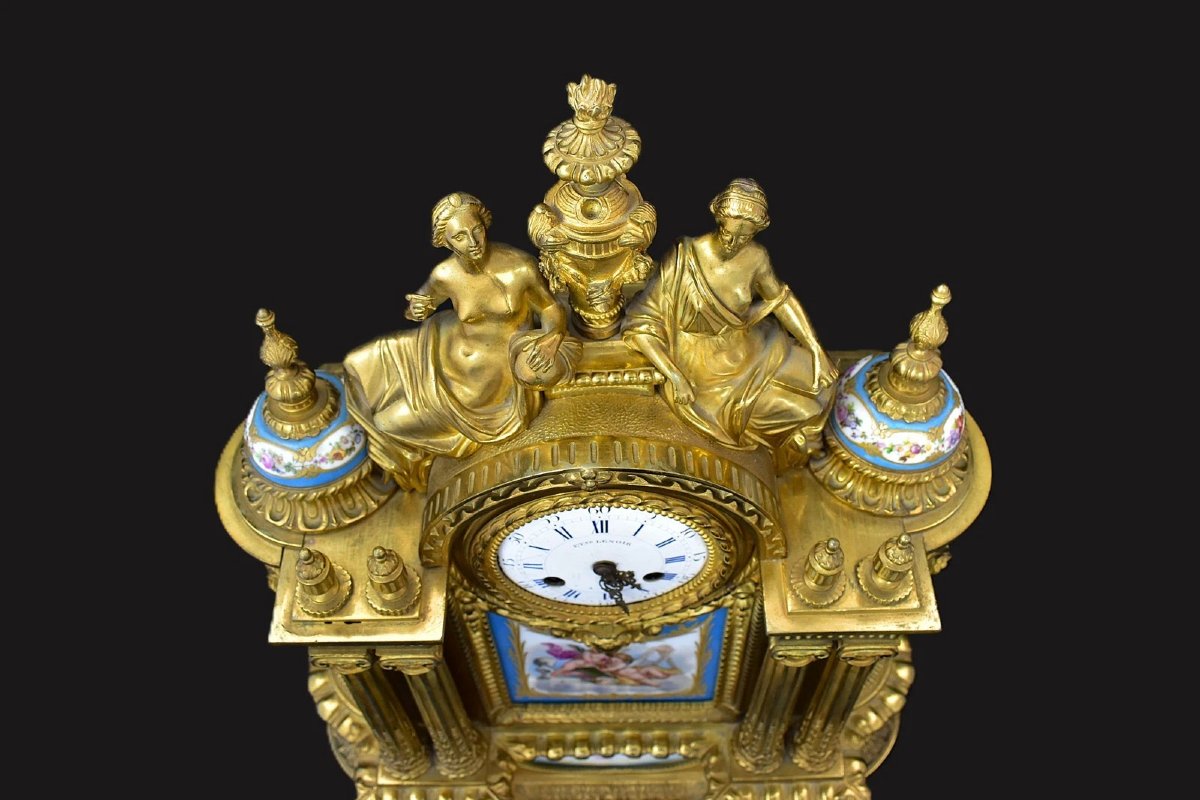 Grande pendule de cheminée Napoléon III en bronze doré et porcelaine de Sèvres, Etienne Lenoir,-photo-4