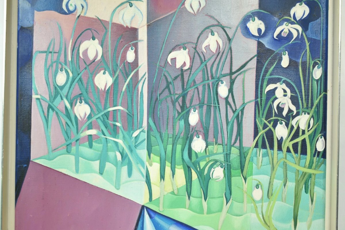 1977 Surrealist Oil Painting Of Snowdrops In Geometric Interior By Cecily Sash-photo-2