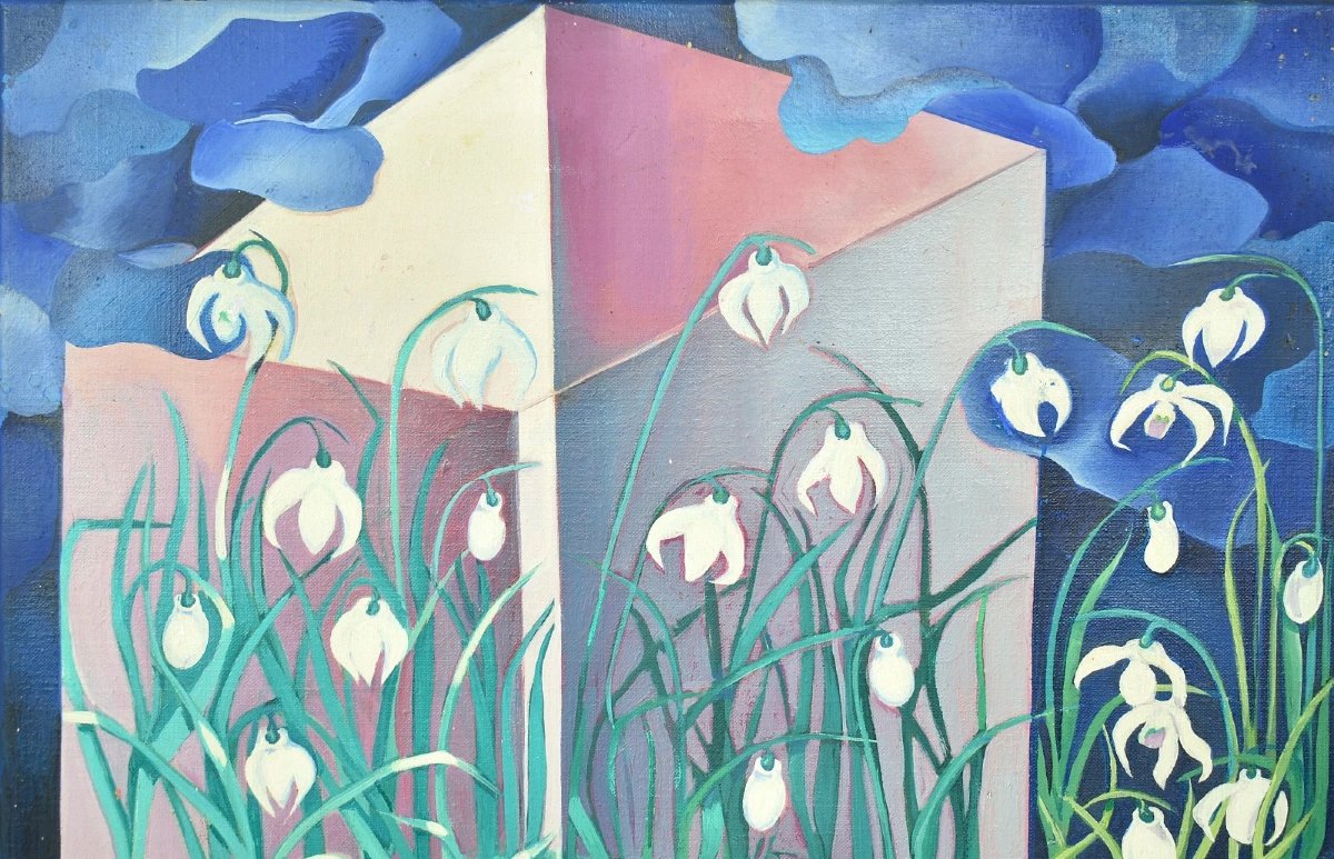 1977 Surrealist Oil Painting Of Snowdrops In Geometric Interior By Cecily Sash-photo-3