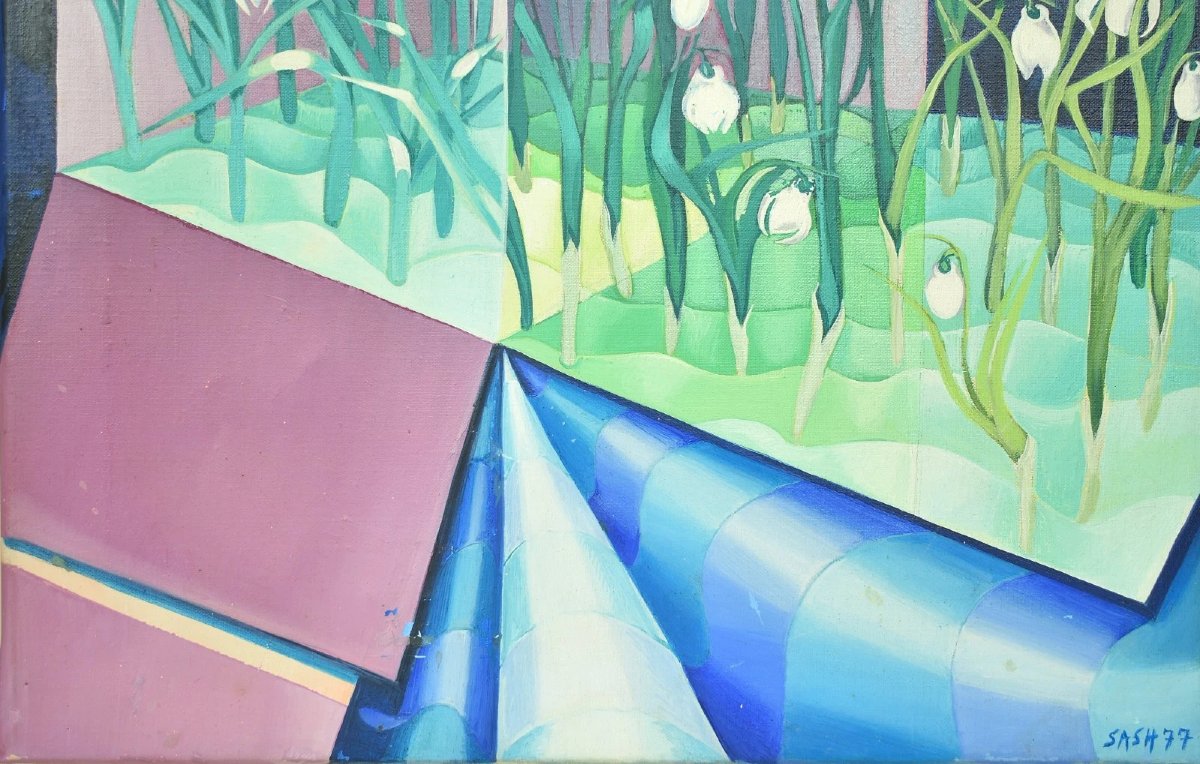 1977 Surrealist Oil Painting Of Snowdrops In Geometric Interior By Cecily Sash-photo-4