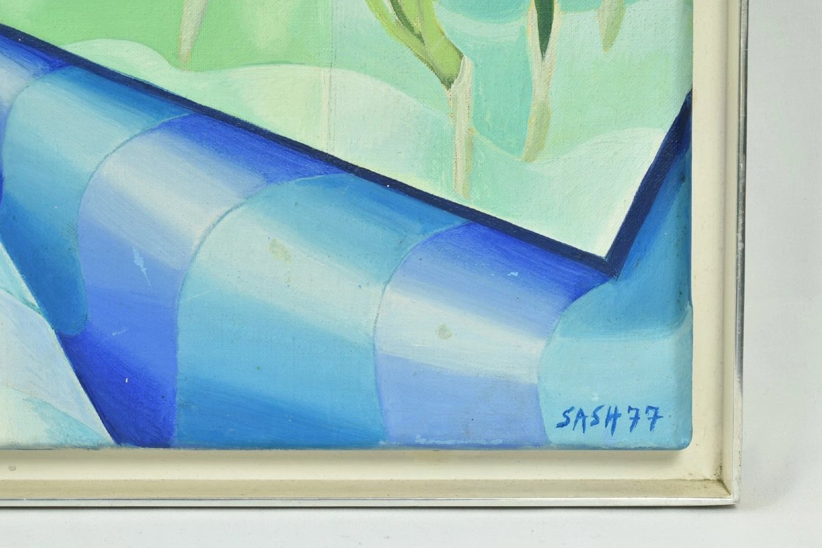 1977 Surrealist Oil Painting Of Snowdrops In Geometric Interior By Cecily Sash-photo-1