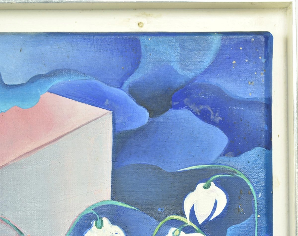 1977 Surrealist Oil Painting Of Snowdrops In Geometric Interior By Cecily Sash-photo-2