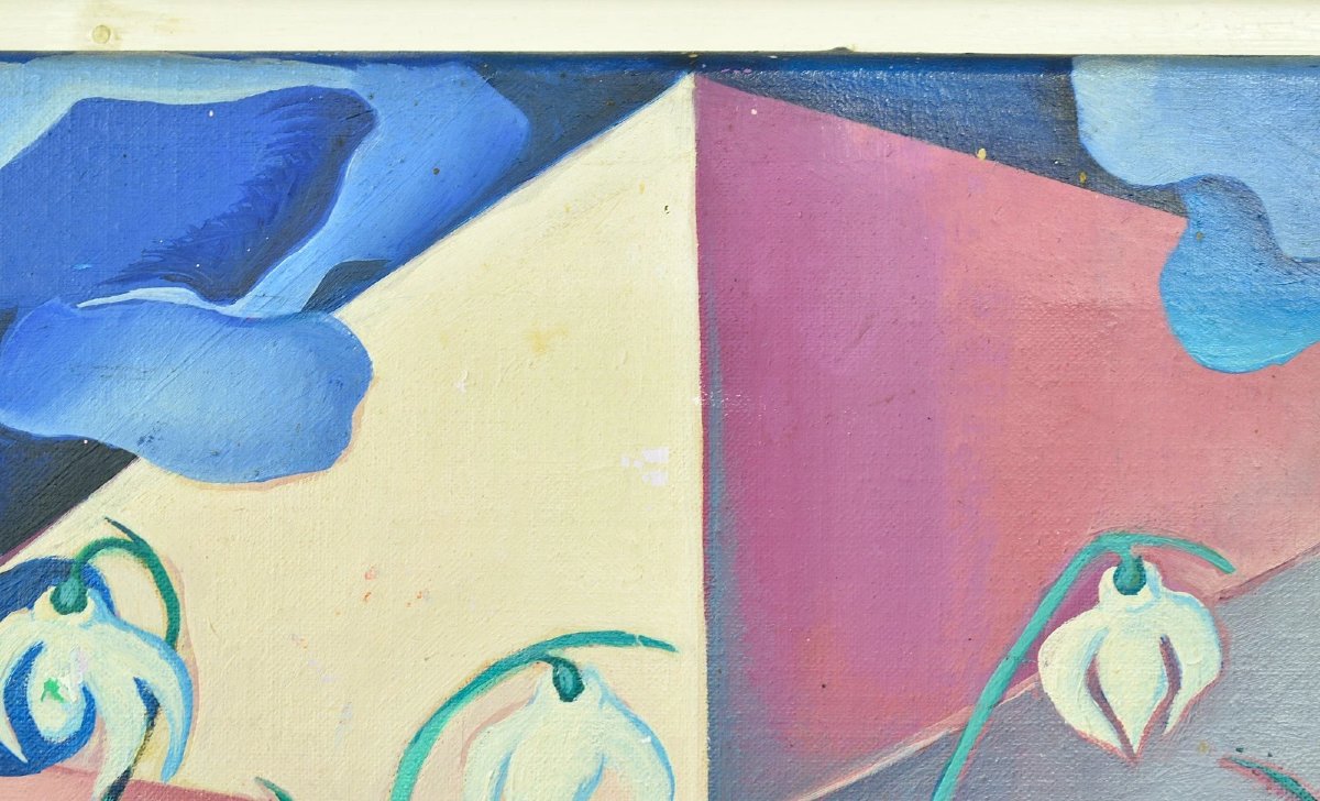 1977 Surrealist Oil Painting Of Snowdrops In Geometric Interior By Cecily Sash-photo-3