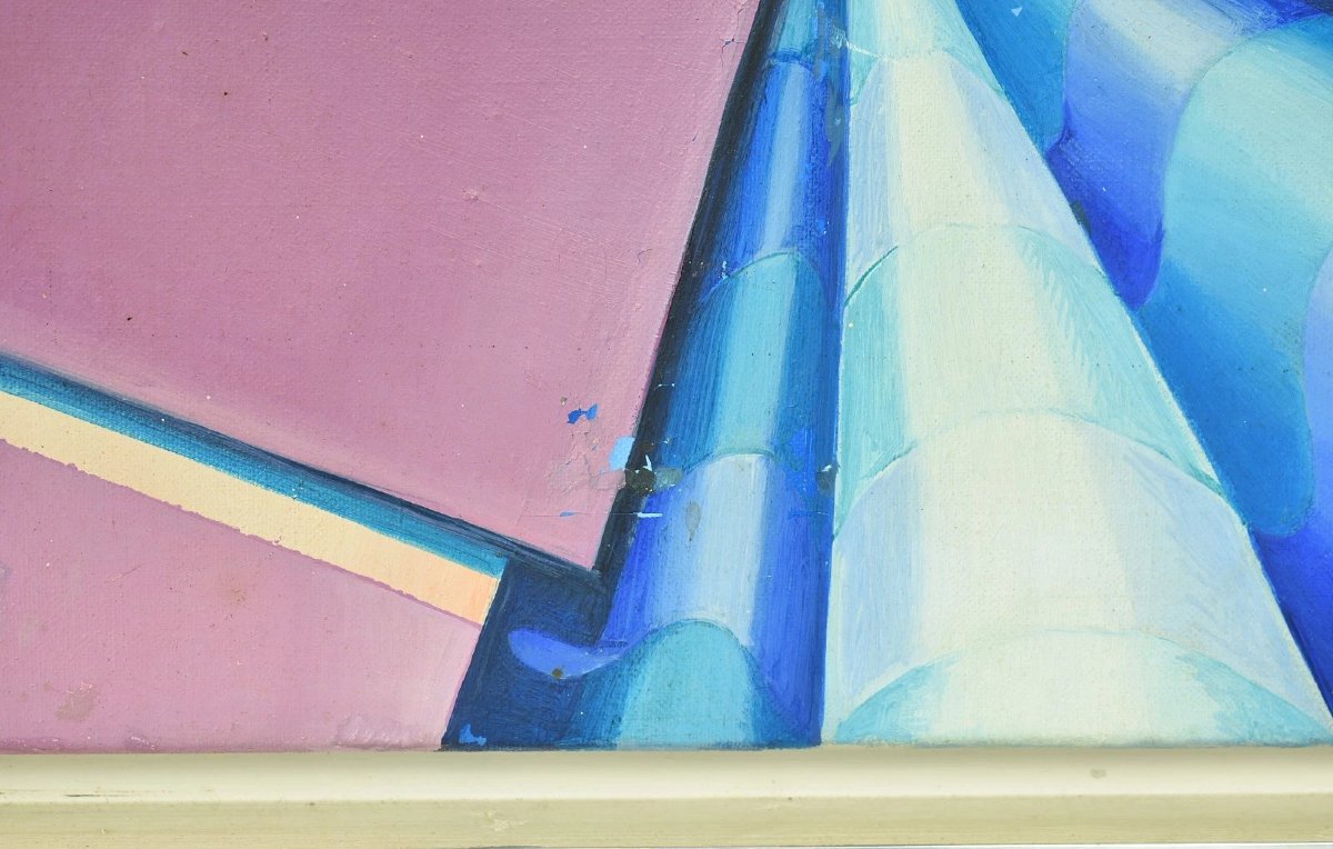 1977 Surrealist Oil Painting Of Snowdrops In Geometric Interior By Cecily Sash-photo-4