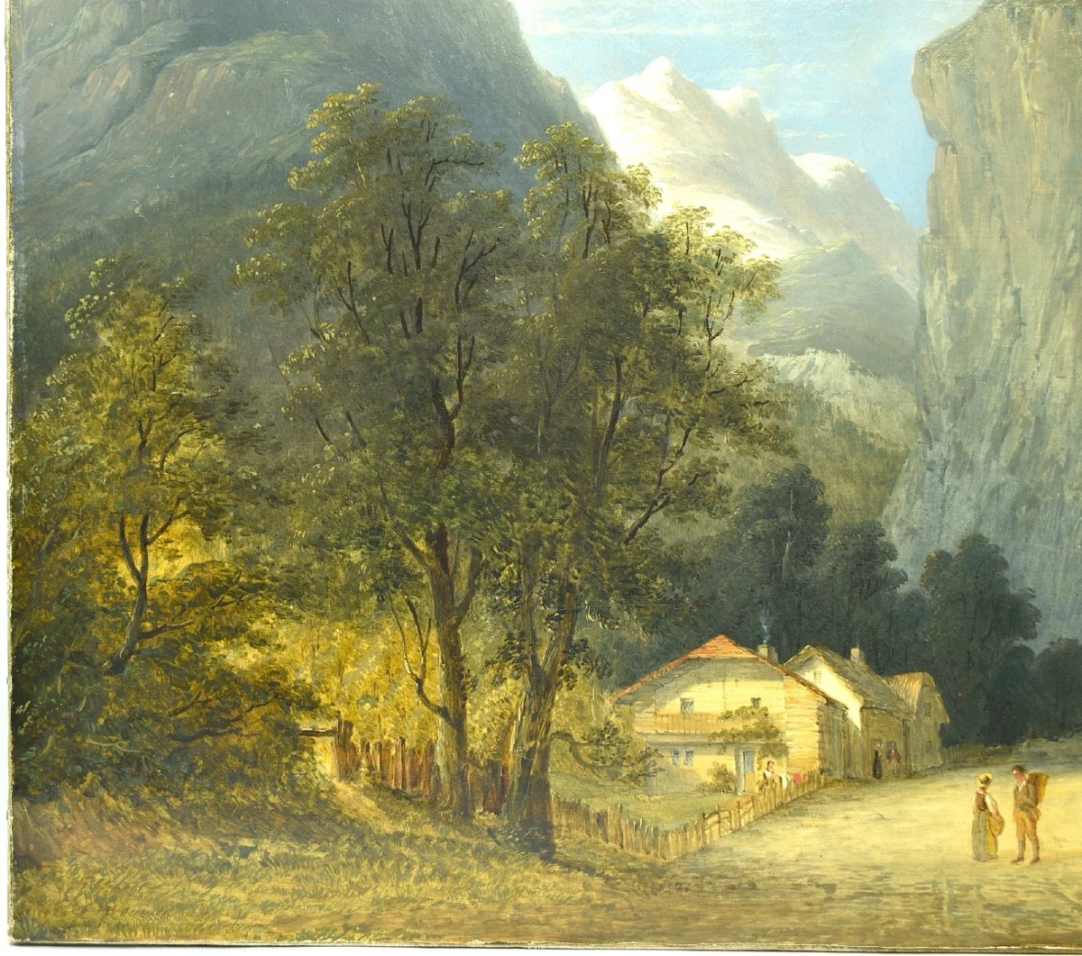 Peinture à l'huile antique Staubbach Falls Lauterbrunnen Suisse 81,5x66cm-photo-1