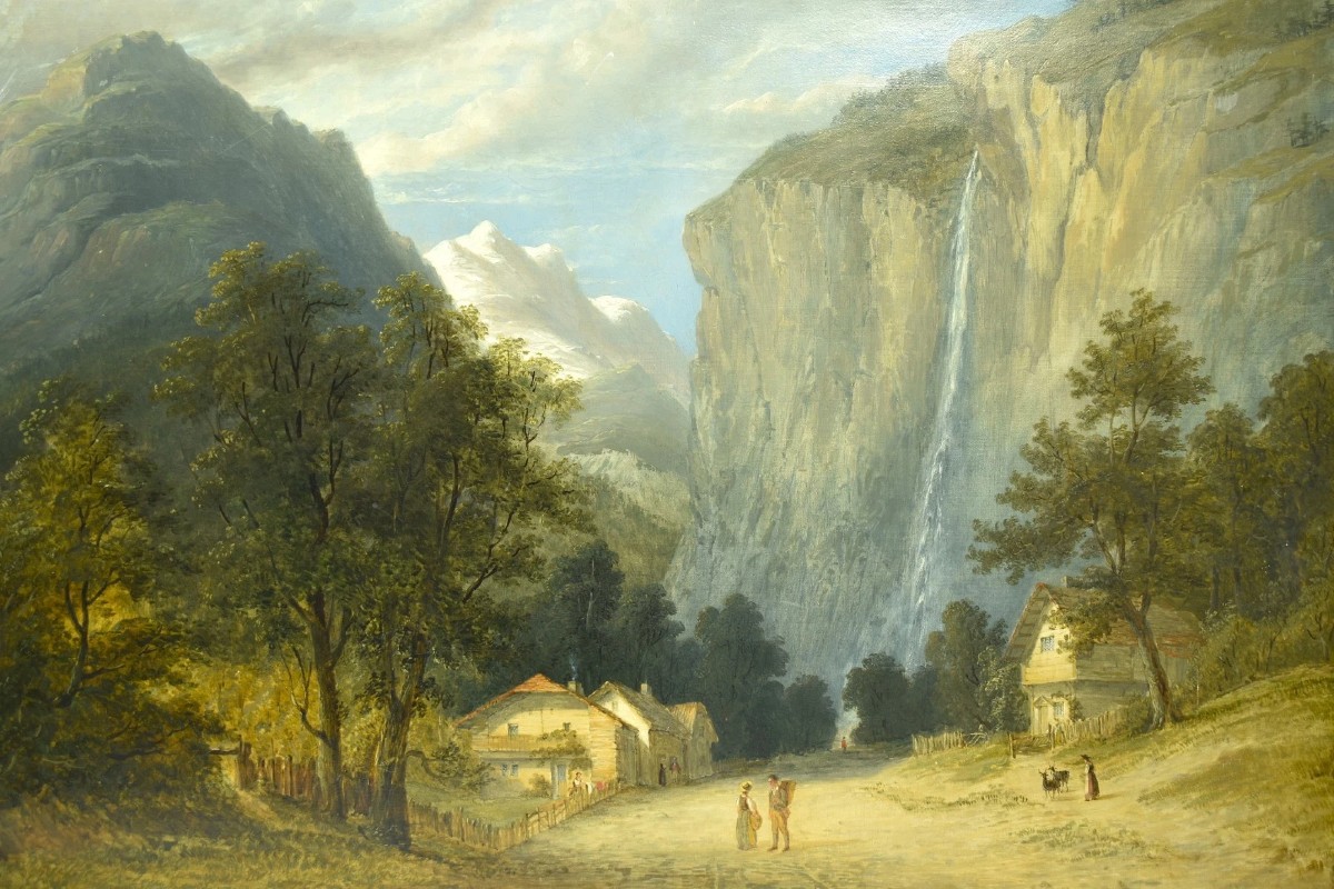 Peinture à l'huile antique Staubbach Falls Lauterbrunnen Suisse 81,5x66cm