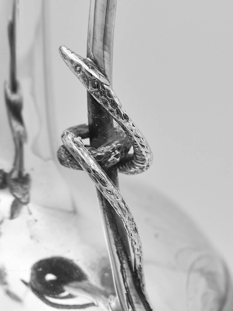 Paire de carafes à vin en cristal, montées sur argent massif, anse serpent, XIXe siècle-photo-3