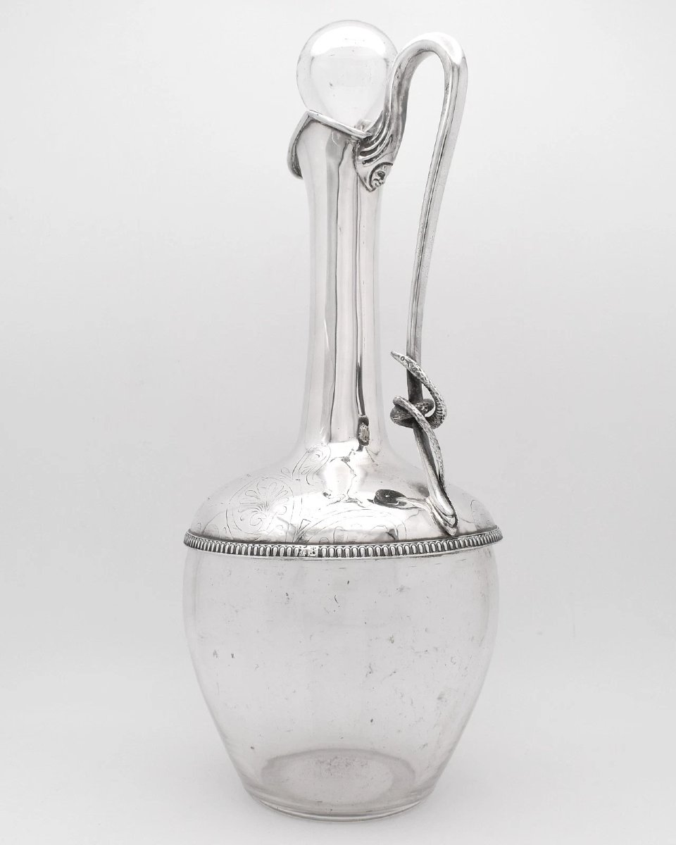 Paire de carafes à vin en cristal, montées sur argent massif, anse serpent, XIXe siècle-photo-6