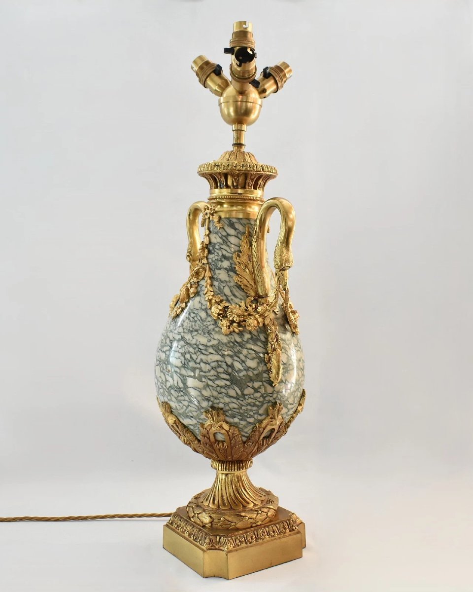 Paire de lampes cassette en marbre de style Louis XVI français du XIXe siècle, ornées de bronze-photo-2