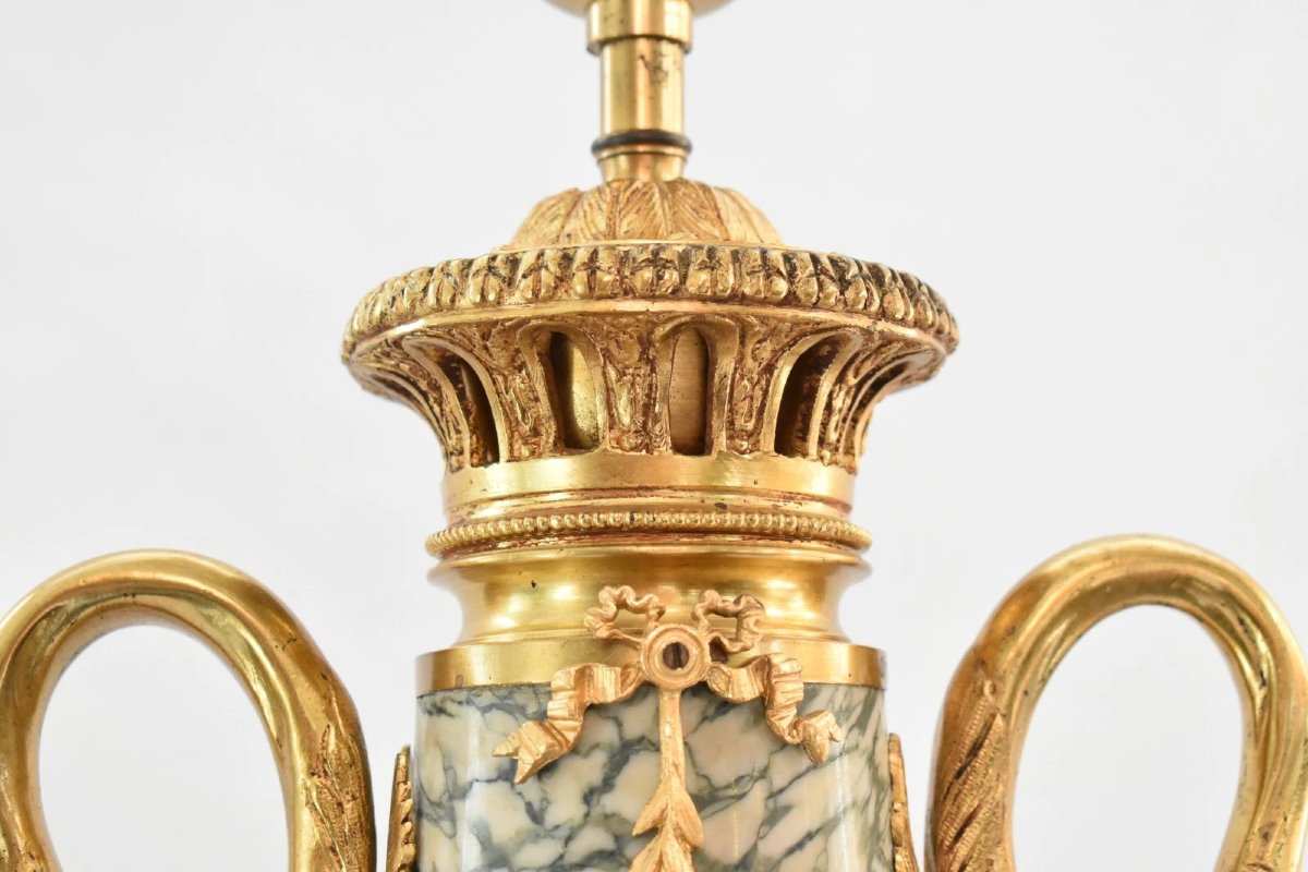 Paire de lampes cassette en marbre de style Louis XVI français du XIXe siècle, ornées de bronze-photo-2