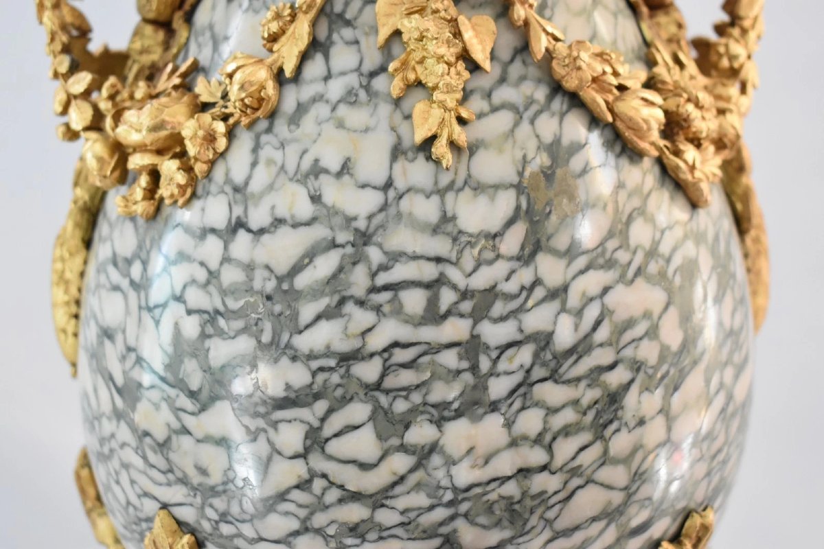 Paire de lampes cassette en marbre de style Louis XVI français du XIXe siècle, ornées de bronze-photo-3