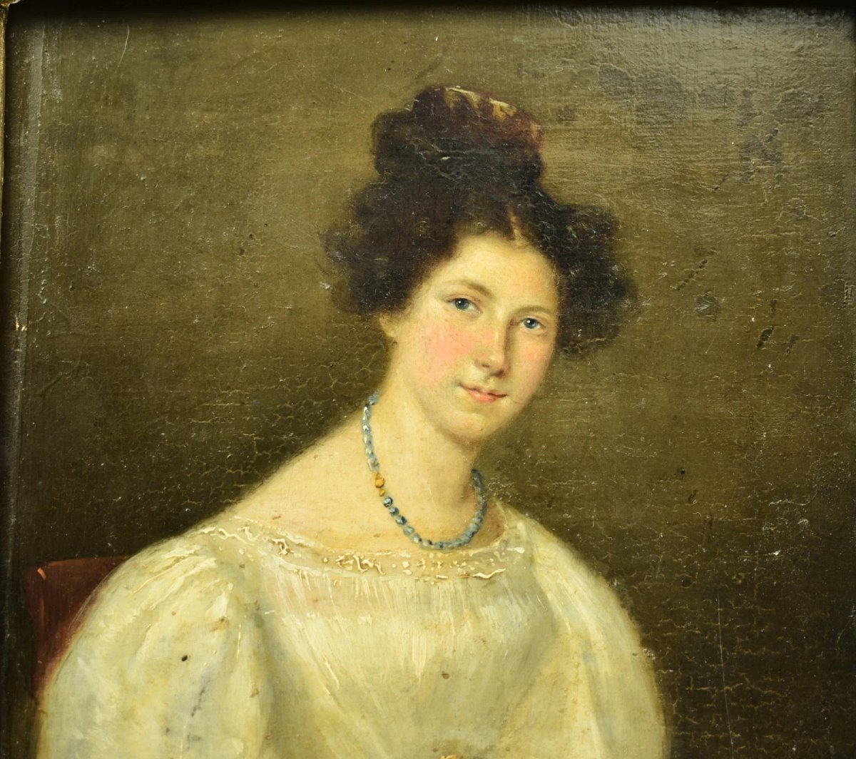 Antique Early 19th C Oil Portrait Woman In Empire Dress On Panel Circa 1800’s-photo-2