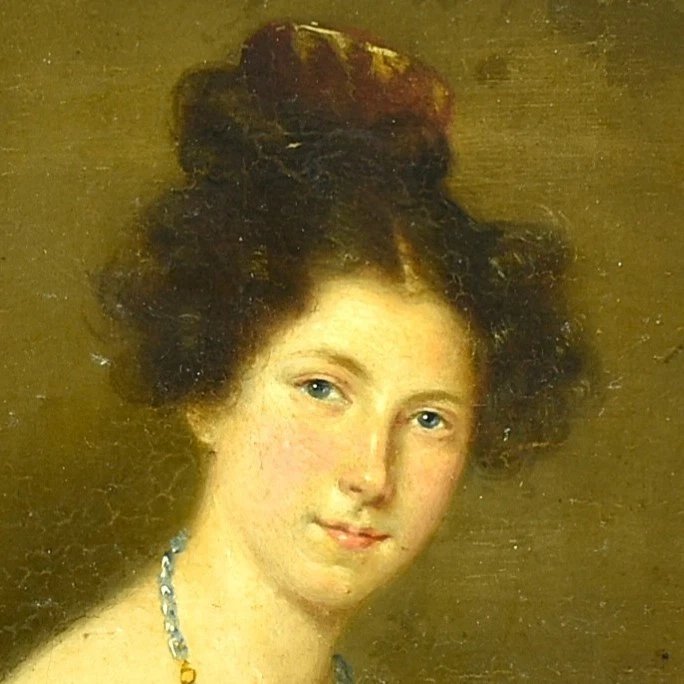 Antique Early 19th C Oil Portrait Woman In Empire Dress On Panel Circa 1800’s-photo-3