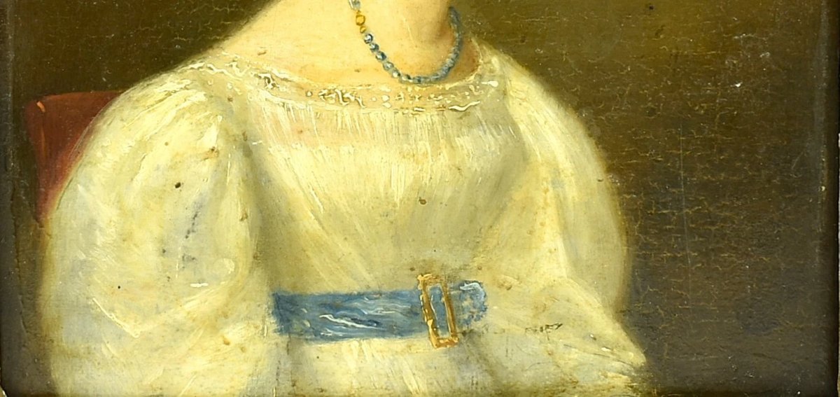 Antique Early 19th C Oil Portrait Woman In Empire Dress On Panel Circa 1800’s-photo-4