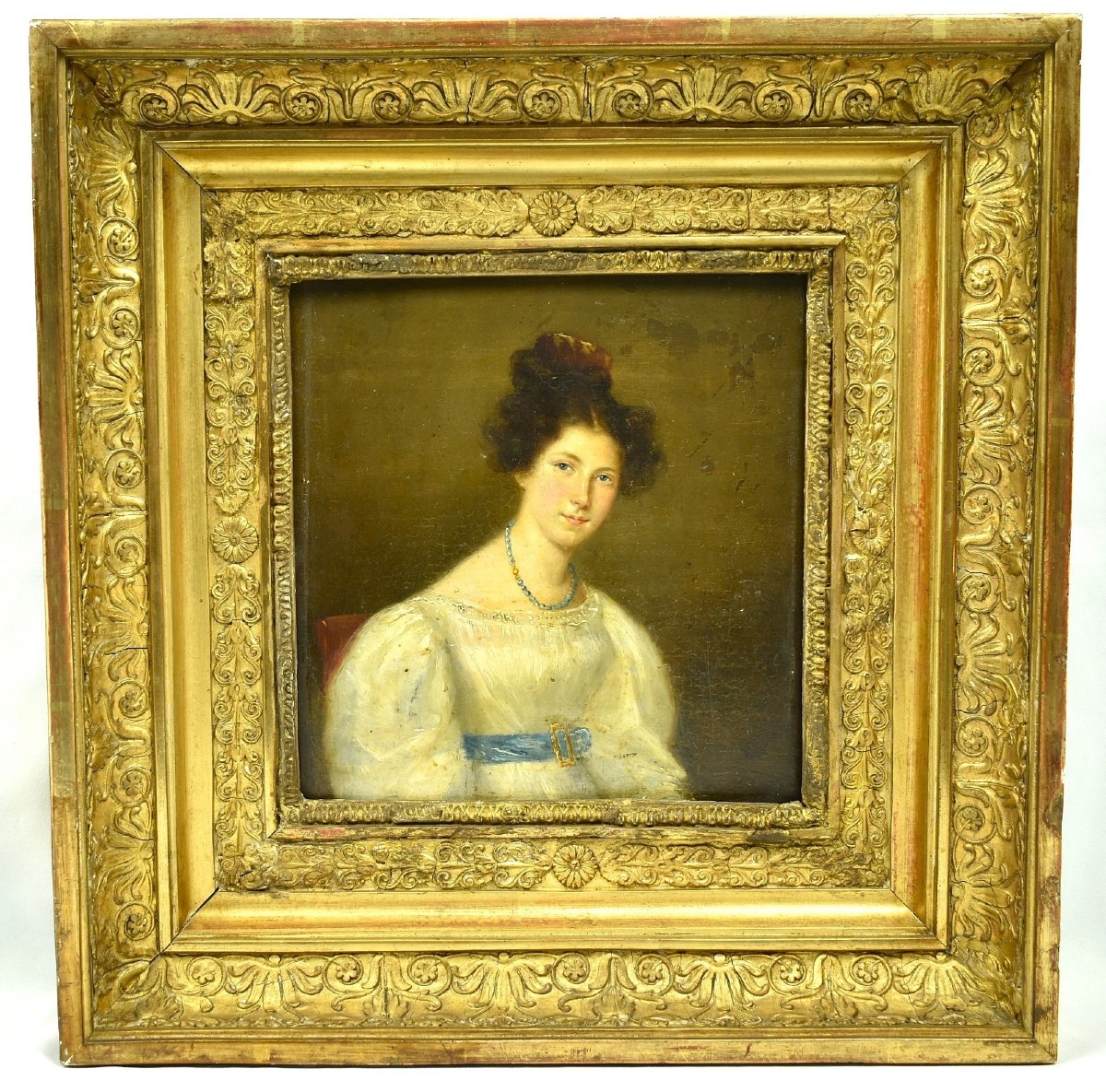 Antique Early 19th C Oil Portrait Woman In Empire Dress On Panel Circa 1800’s