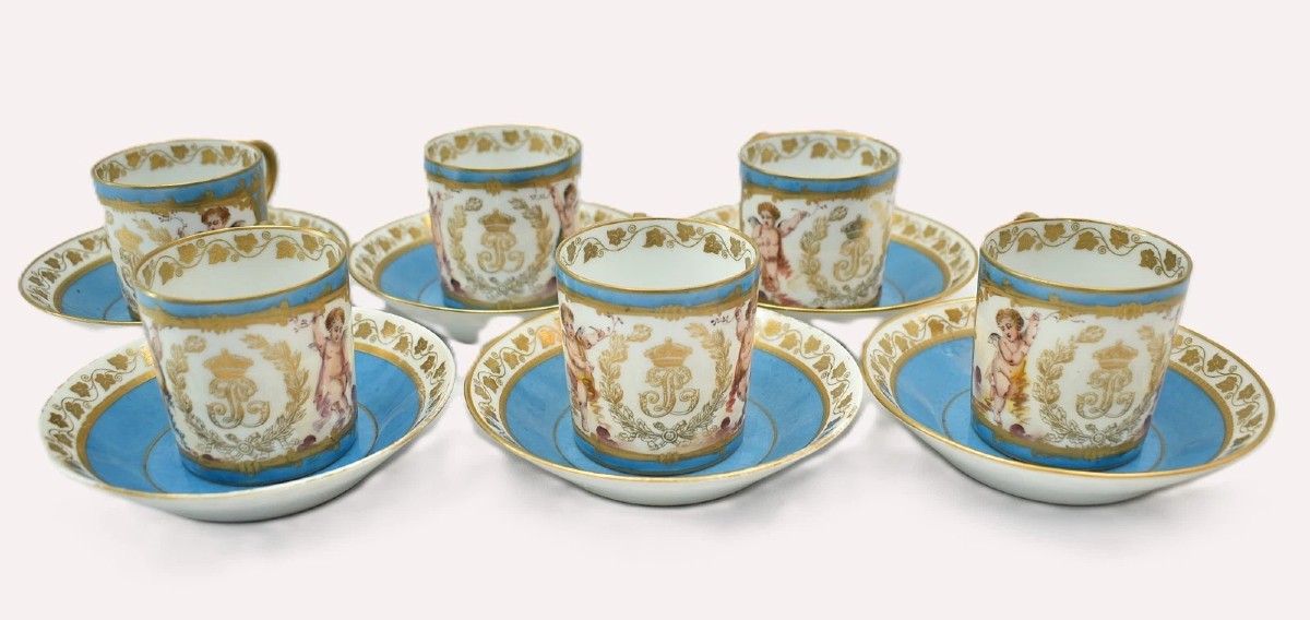 1846 Sevres Porcelain Cups & Saucers Set 6 Chateau Des Tuileries Louis Philippe