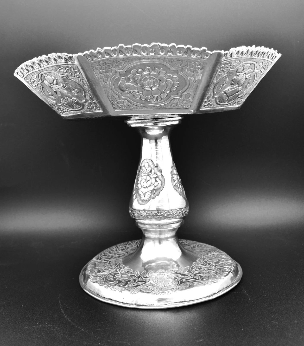 Antique Anglo-indian Burmese Silver Repoussé Tazza Footed Bowl 685g 21.5cm-photo-4