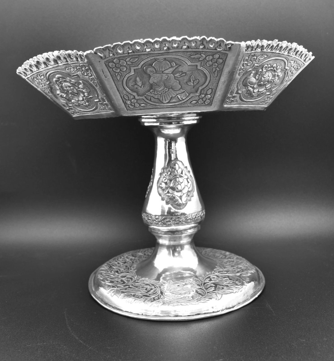 Antique Anglo-indian Burmese Silver Repoussé Tazza Footed Bowl 685g 21.5cm-photo-5