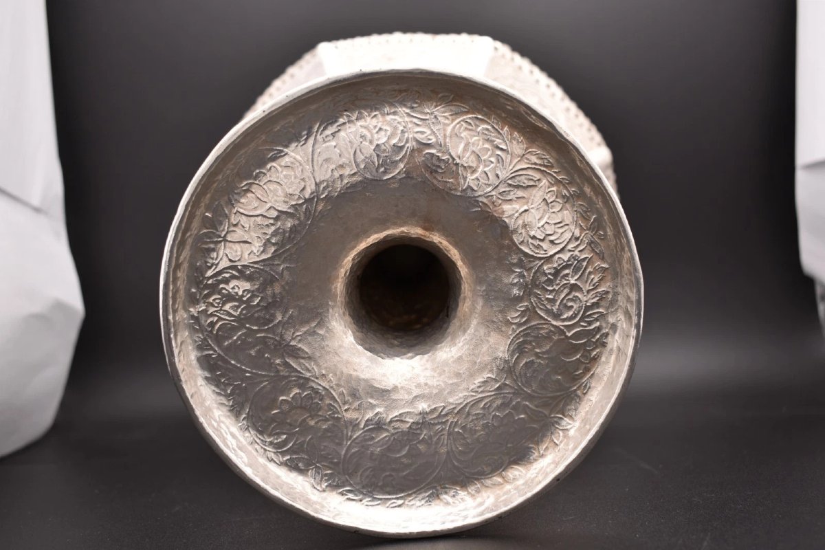 Antique Anglo-indian Burmese Silver Repoussé Tazza Footed Bowl 685g 21.5cm-photo-7
