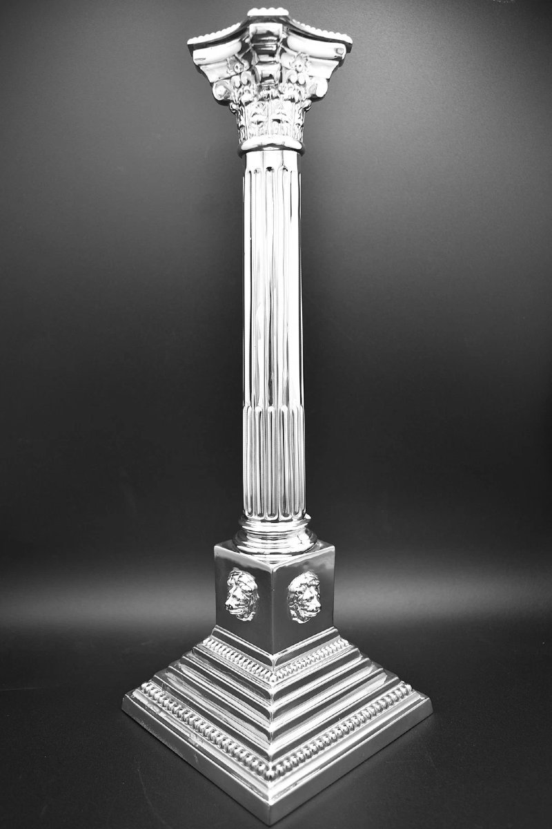 Antique Sterling Silver Corinthian Column Candlesticks Birmingham 1911 Lion Mask-photo-2