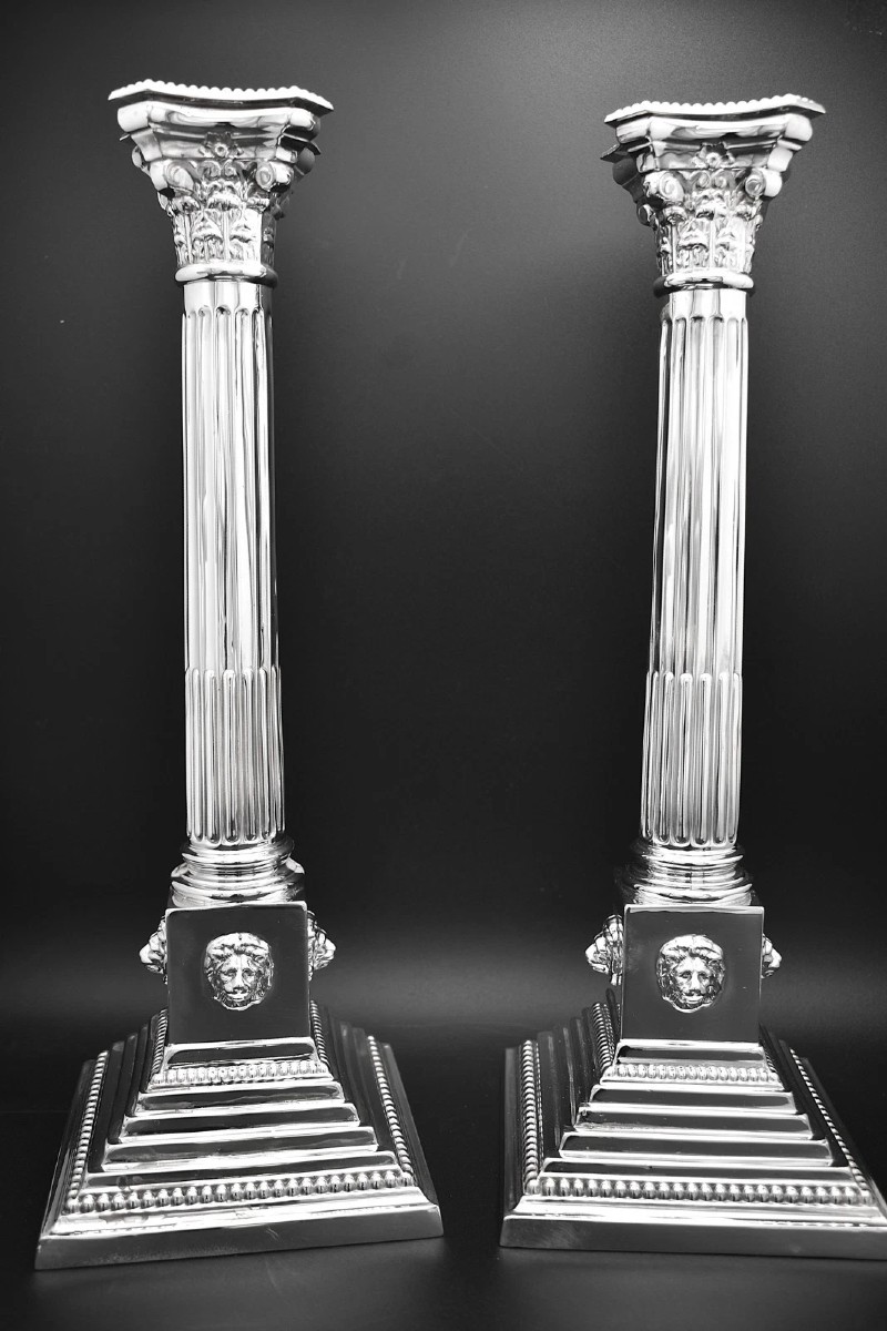 Antique Sterling Silver Corinthian Column Candlesticks Birmingham 1911 Lion Mask
