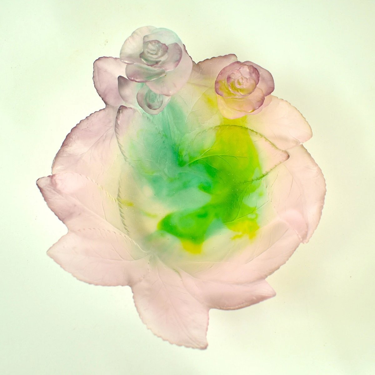 Daum France Rose Passion 18cm Pâte De Verre Crystal Rose Bowl Pink Green W/ Box-photo-2