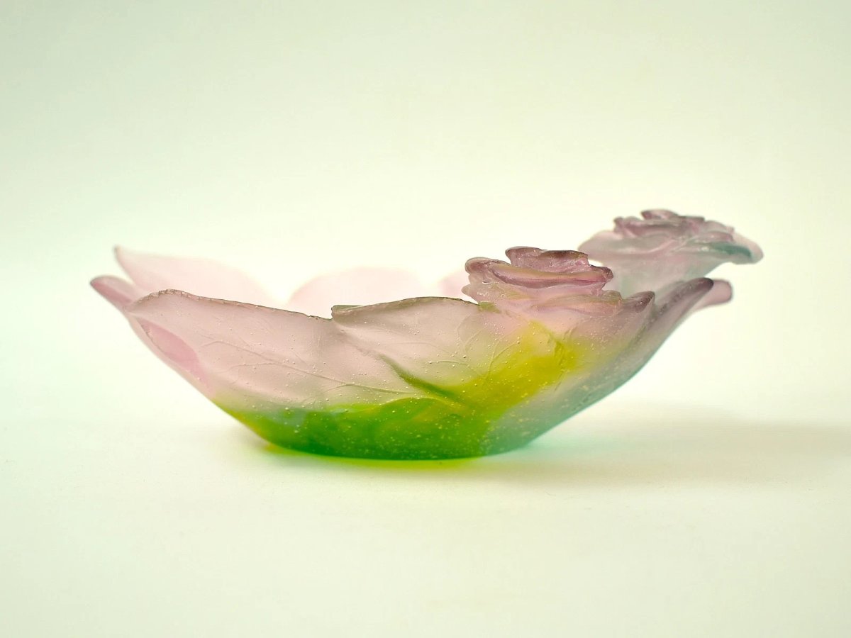 Daum France Rose Passion 18cm Pâte De Verre Crystal Rose Bowl Pink Green W/ Box-photo-2