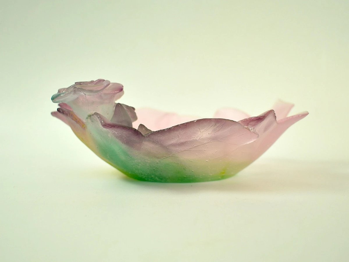 Daum France Rose Passion 18cm Pâte De Verre Crystal Rose Bowl Pink Green W/ Box-photo-3
