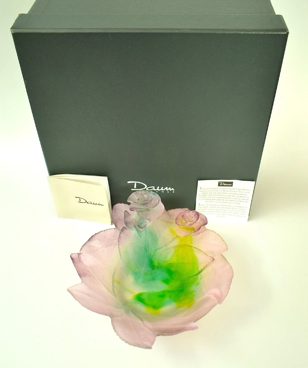 Daum France Rose Passion 18cm Pâte De Verre Crystal Rose Bowl Pink Green W/ Box