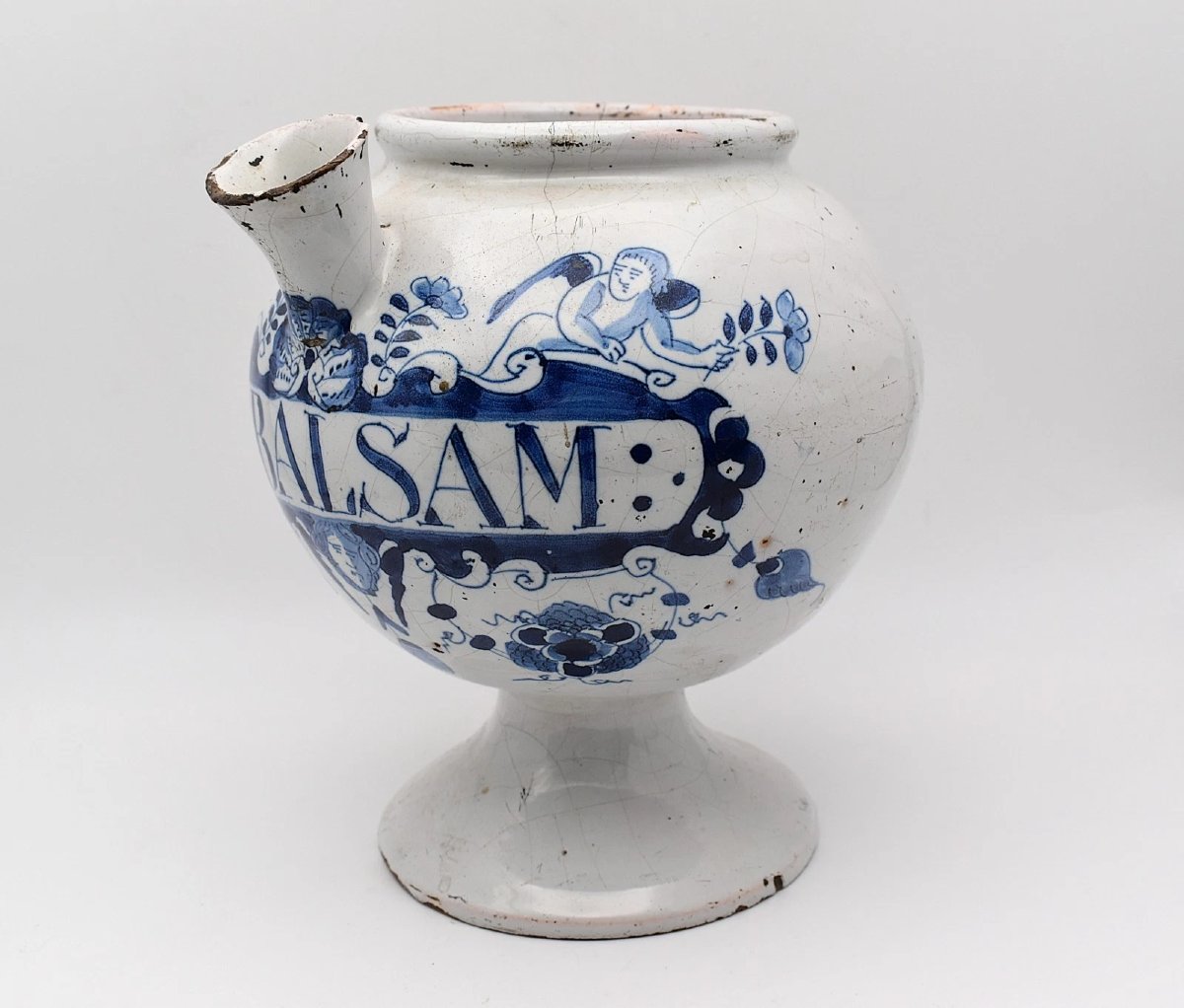 Pot à médicament humide en faïence de Delft anglaise ancienne, S : BAUME, Chérubin et Coquillag-photo-1