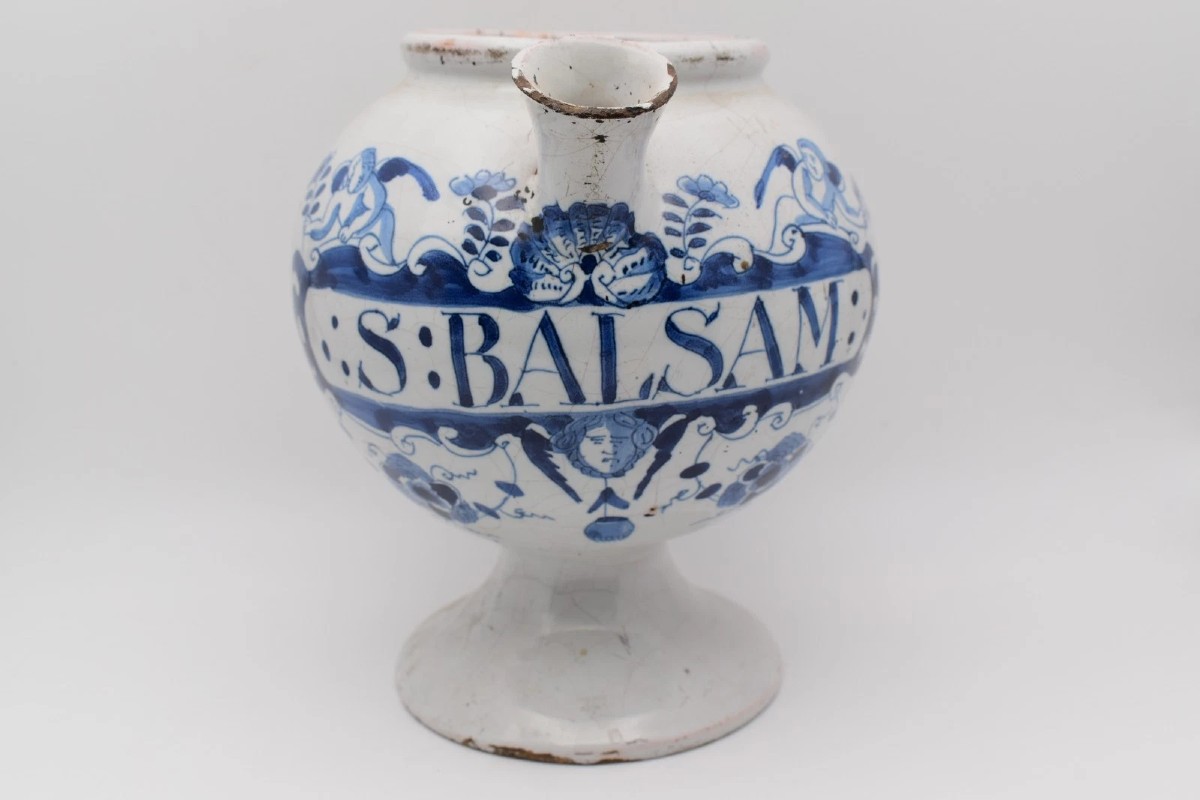 Pot à médicament humide en faïence de Delft anglaise ancienne, S : BAUME, Chérubin et Coquillag