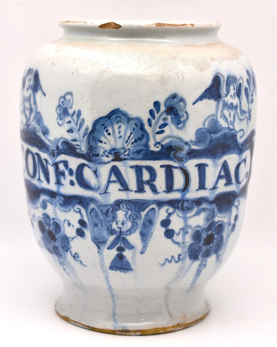 Pot à pharmacie en faïence de Delft anglaise du XVIIIe siècle, marque bleue « P » (CONF:CARDIAC