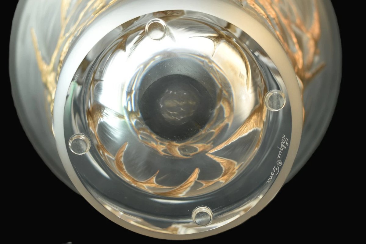 Vase évasé Lalique Hirondelles en cristal doré et teinté, référence 10624000, avec boîte.-photo-2