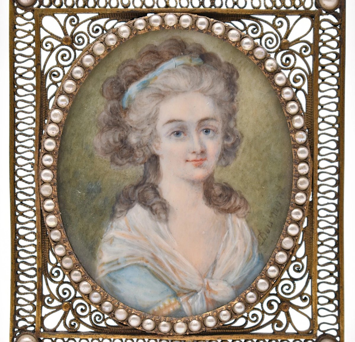 Antique 18thc French Portrait Miniature Woman Signed Dumont Seed Pearlgilt Frame-photo-2