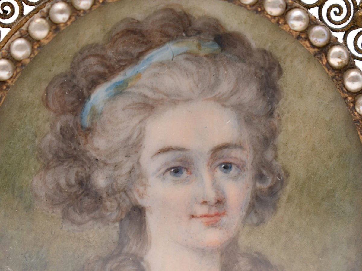 Antique 18thc French Portrait Miniature Woman Signed Dumont Seed Pearlgilt Frame-photo-4