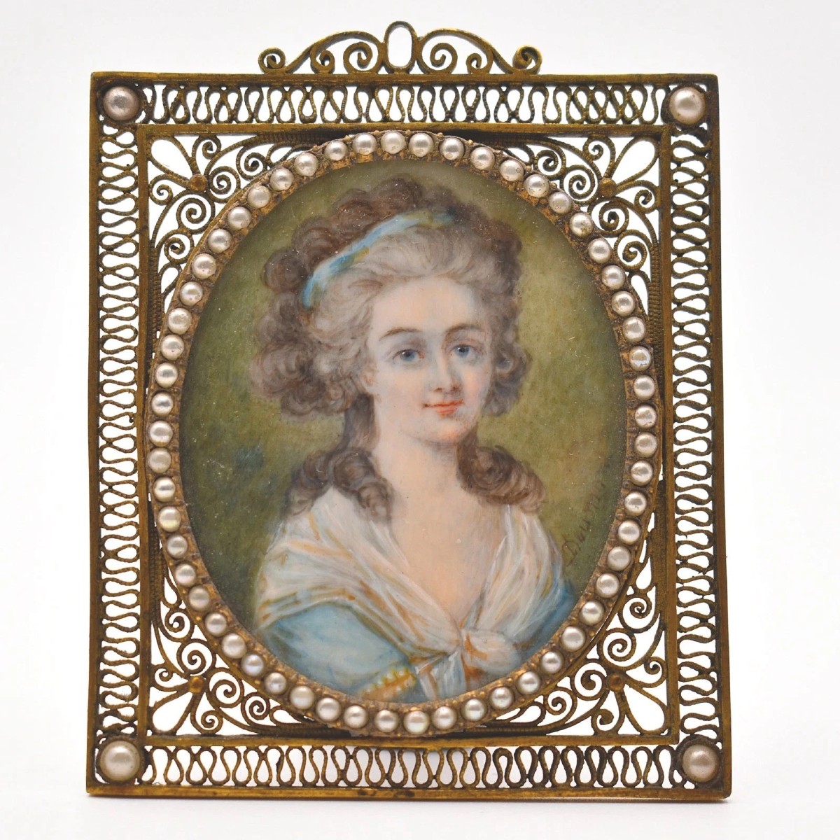 Antique 18thc French Portrait Miniature Woman Signed Dumont Seed Pearlgilt Frame