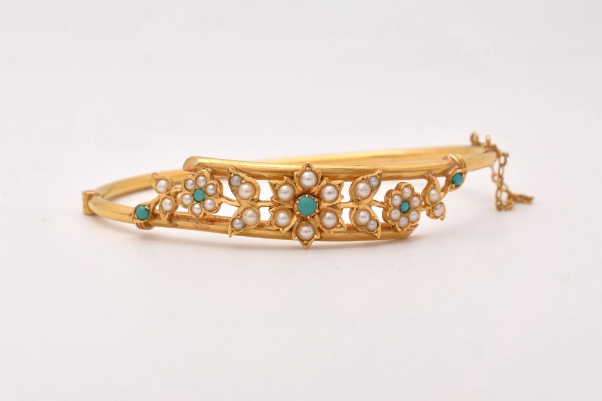 Bracelet jonc victorien ancien en or 18 carats, turquoise, perles fines et motif floral, 17,9 g-photo-2