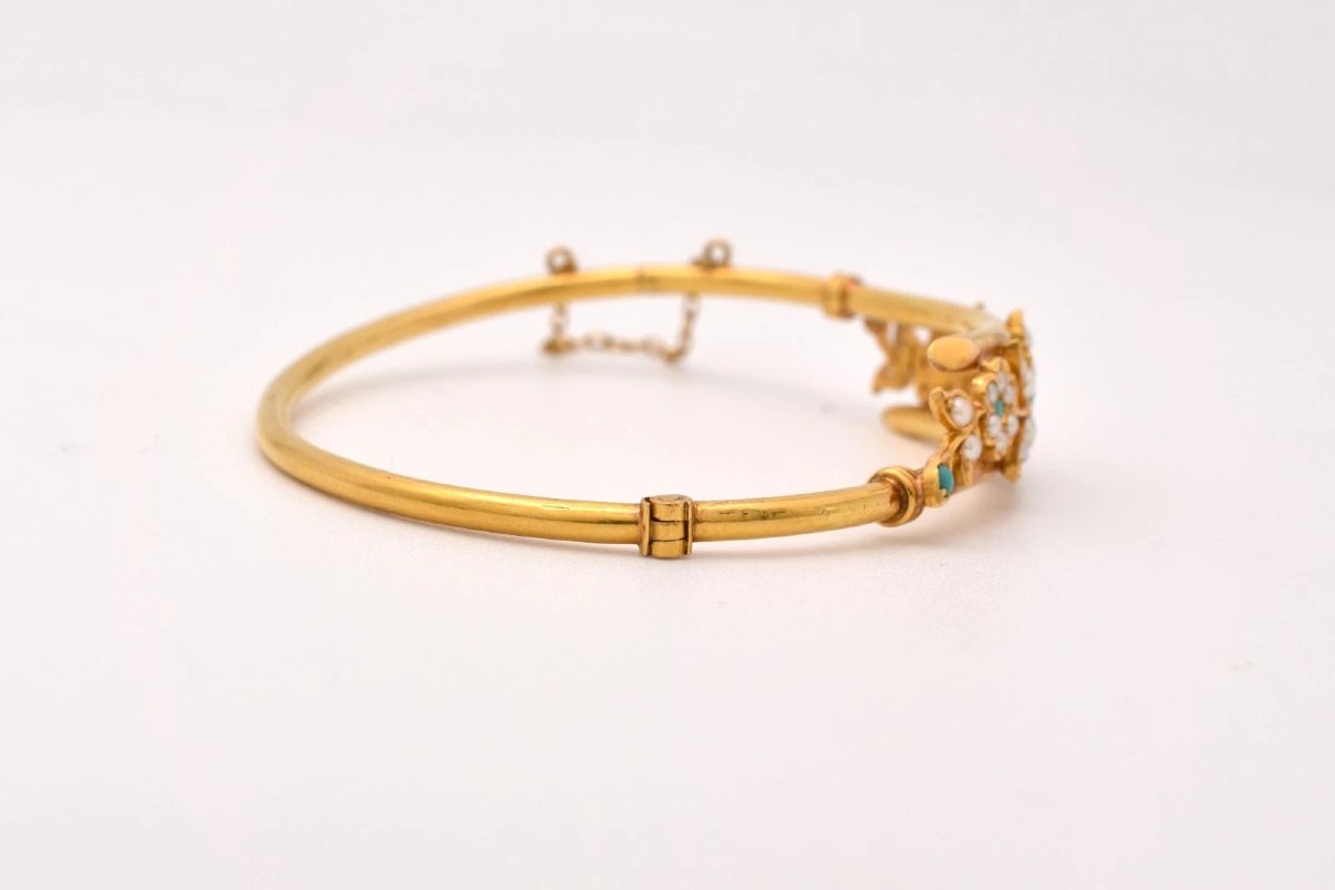 Bracelet jonc victorien ancien en or 18 carats, turquoise, perles fines et motif floral, 17,9 g-photo-3