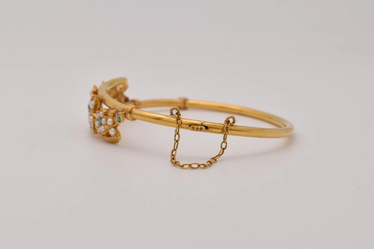 Bracelet jonc victorien ancien en or 18 carats, turquoise, perles fines et motif floral, 17,9 g-photo-4