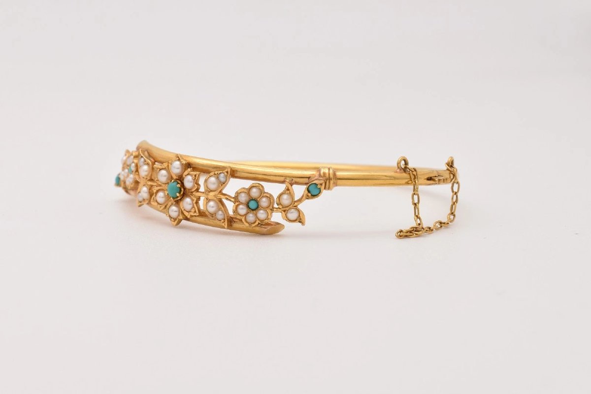 Bracelet jonc victorien ancien en or 18 carats, turquoise, perles fines et motif floral, 17,9 g-photo-1