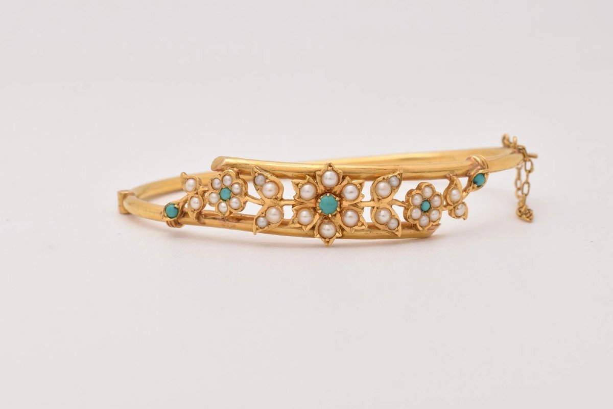 Bracelet jonc victorien ancien en or 18 carats, turquoise, perles fines et motif floral, 17,9 g-photo-2