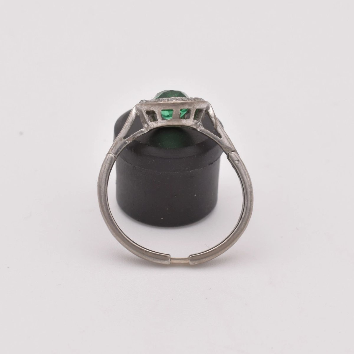 White Gold Emerald Diamond Cluster Ring Old Cut 0.80ct Adjustable Shank-photo-2