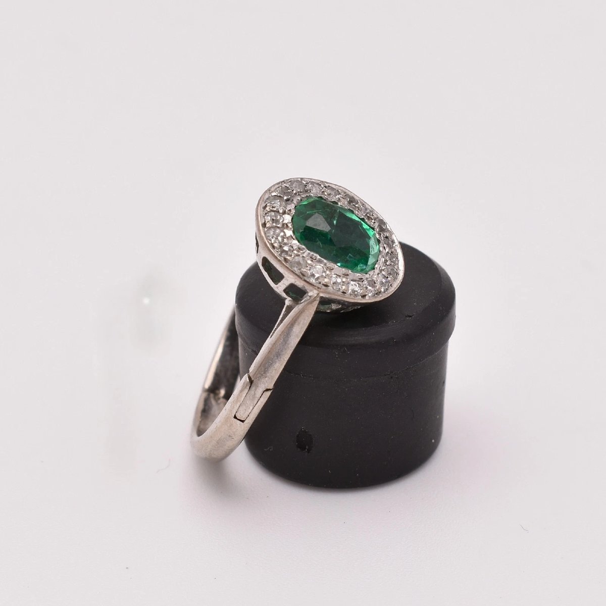 White Gold Emerald Diamond Cluster Ring Old Cut 0.80ct Adjustable Shank-photo-3